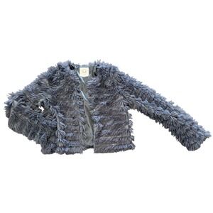 Fantastic Fawn Slate Blue Gray Shaggy Faux Fur Fringe Open Front Jacket Womens M
